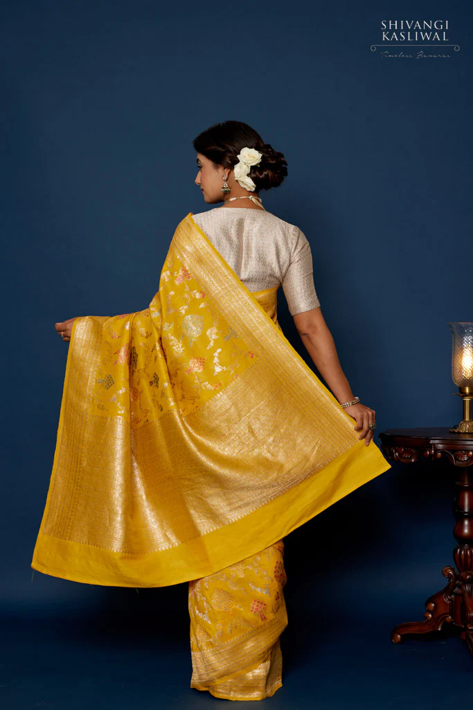 Banarasi Luxurious Bright yellow flower design Saree - Image 2