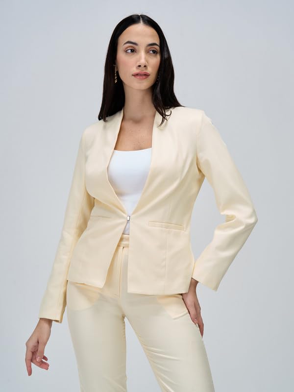 Salt Attire Women’s Single Breasted Blazer Coat – Solid Polyester, Cream, Casual Office Jacket - Image 3