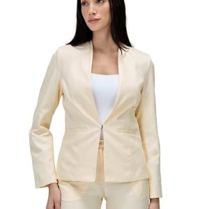 Salt Attire Women’s Single Breasted Blazer Coat – Solid Polyester, Cream, Casual Office Jacket