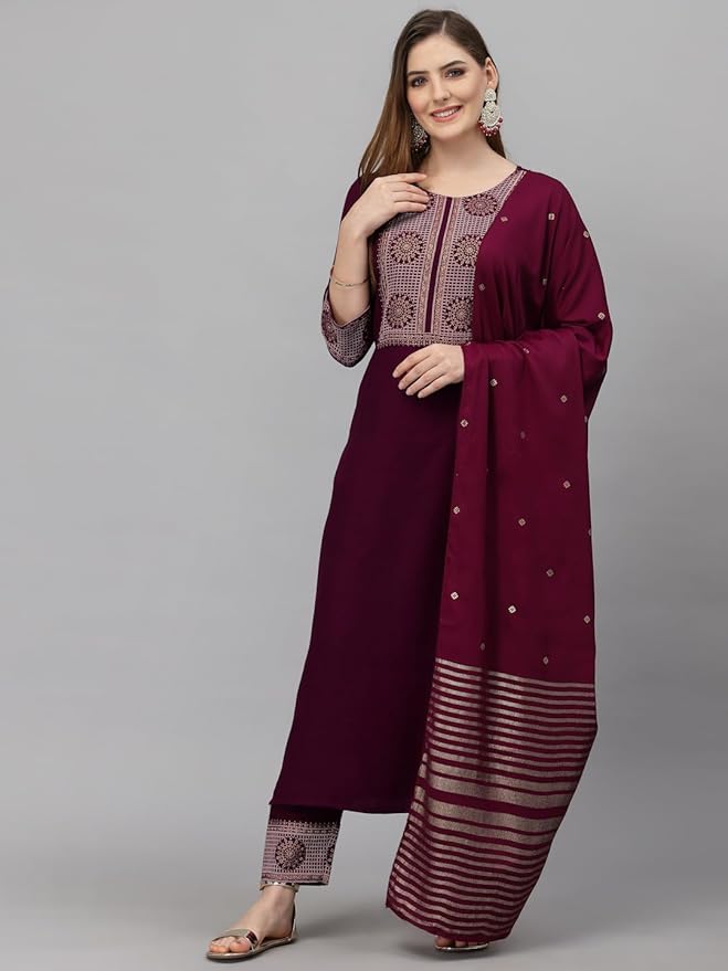 Women Viscose Embroidered Kurti Pant and Dupatta Set - Image 2