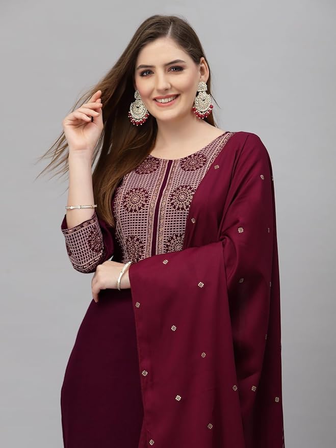 Women Viscose Embroidered Kurti Pant and Dupatta Set - Image 3