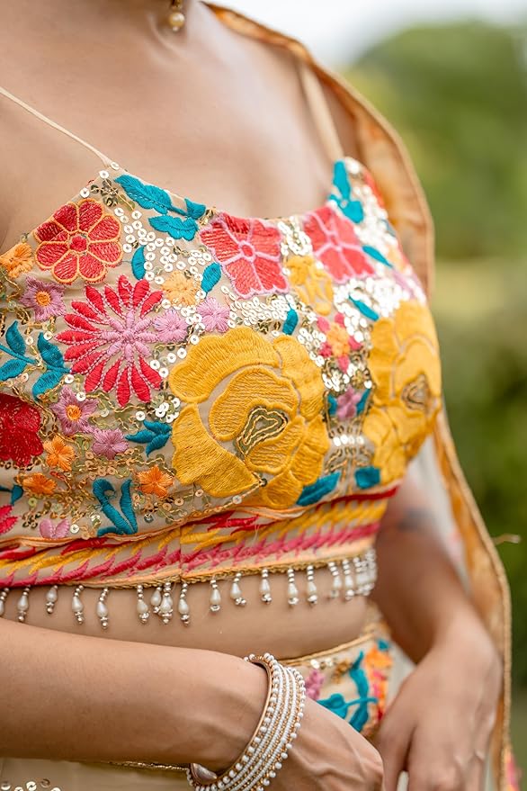 Women's Georgette Semi Stitched Lehenga Choli With Dupatta | Thread And Sequin Embroidery Pattern - Image 5