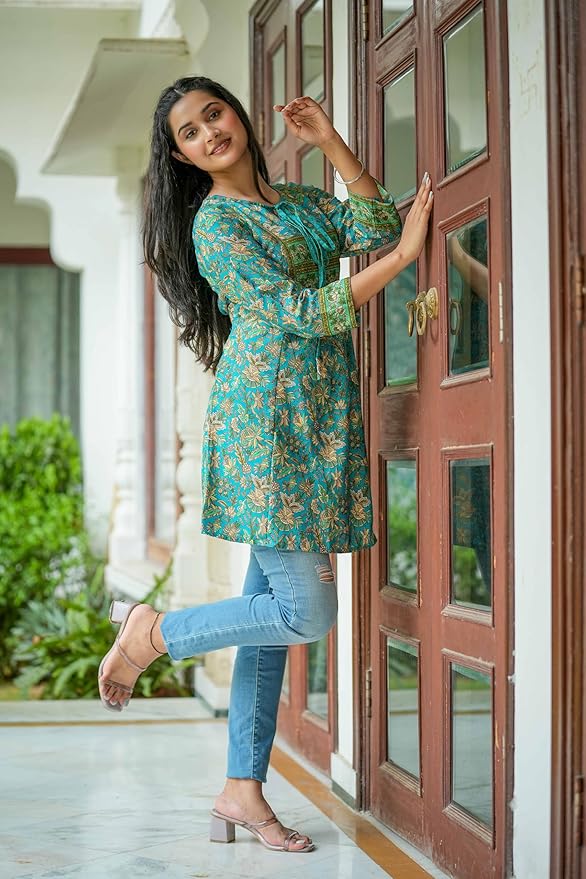 Women’s Floral Placement Printed A-Line Short Kurti - Image 3