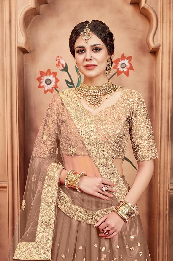 Women's Net Semi Stitched Lehenga Choli With Dupatta | Dori And Sequin Embroidery Pattern - Image 5