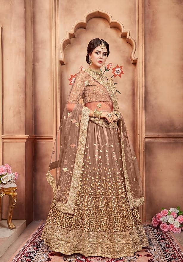 Women's Net Semi Stitched Lehenga Choli With Dupatta | Dori And Sequin Embroidery Pattern - Image 2
