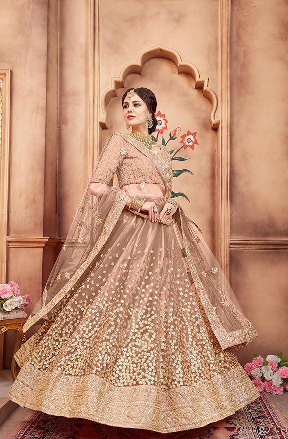 Women's Net Semi Stitched Lehenga Choli With Dupatta | Dori And Sequin Embroidery Pattern - Image 4
