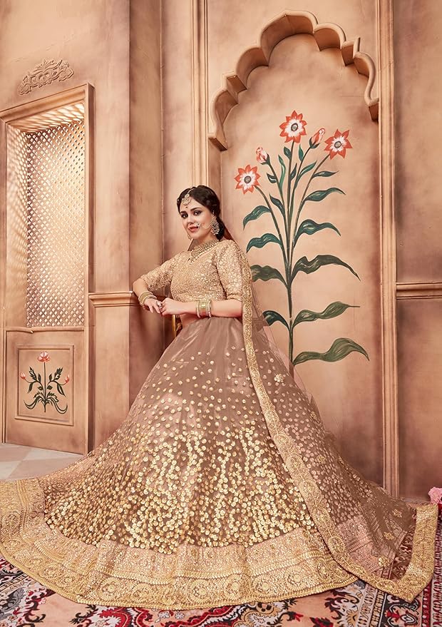 Women's Net Semi Stitched Lehenga Choli With Dupatta | Dori And Sequin Embroidery Pattern - Image 3